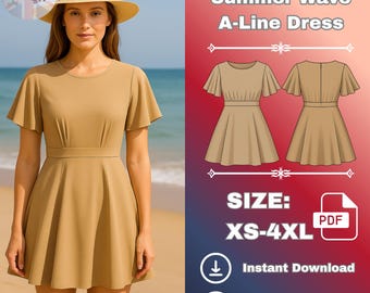 Naaipatroon zomerse a-lijn jurk pdf: zelfgebreide jurk met fladdermouwen (XS-4XL)