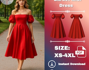 Bardot off-shoulder midi-jurk Naaipatroon: geschikt voor beginners (pdf-patroon XS-4XL A4/A0)