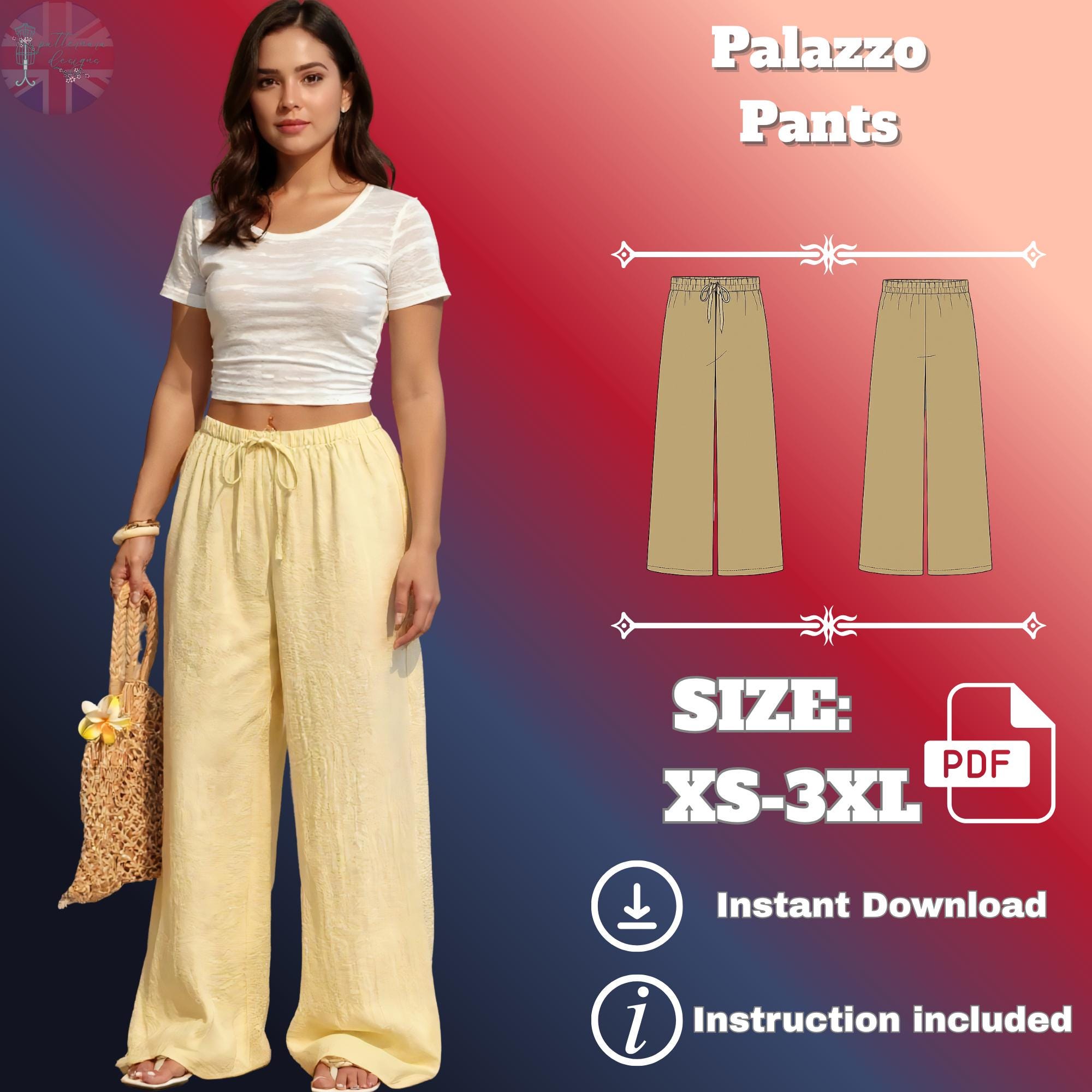 パラッツォパンツの縫製パターン：初心者向けワイドレッグパンツ（PDF