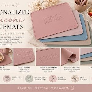 Może przedstawiać: Stos prostokątnych silikonowych podkładek na stół w pięciu kolorach: citadel, powder rose, mauve, taupe i sage. Górna podkładka jest w kolorze pudrowego różu i ma wygrawerowane imię SOPHIA. Podkładki są elastyczne, trwałe i wykonane z silikonu.