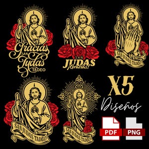 5 Diseños de San Judas Tadeo | Archivos PNG + SVG para Imprimir y Cortar | Ideal para Camisetas, Tazas, Gorras y Más