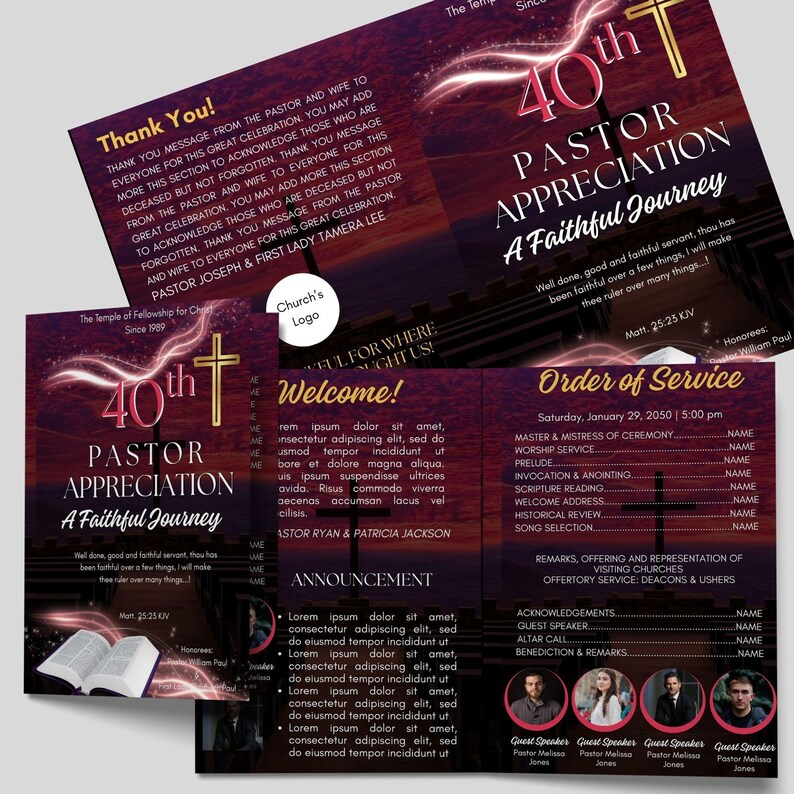 Editable CANVA Church Program Template | Maroon & Gold Bifold Brochure ...
