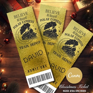Puede incluir: Billetes navideños dorados con el texto "Believe All Aboard! Polar Express" y un gráfico de tren. Cada billete está personalizado con el nombre "David" e incluye un código de barras. Los billetes miden 5 x 15 cm.