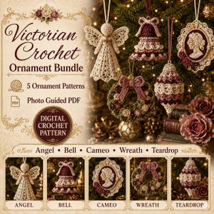 Peut inclure: Un ensemble de modèles de crochet numériques intitulé Victorian Crochet Ornament Bundle comprenant cinq motifs : un ange, une cloche, un camée, une couronne et une goutte. L'image présente ces cinq ornements détaillés en crème et bordeaux.