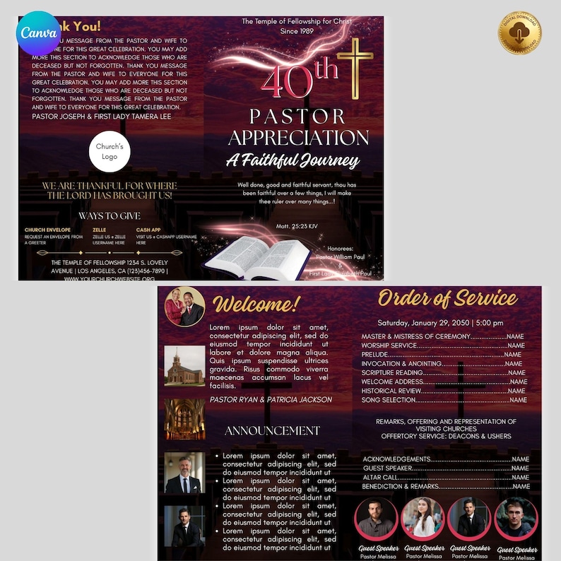 Editable CANVA Church Program Template | Maroon & Gold Bifold Brochure ...