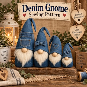 May include: Four denim gnomes of varying sizes with tall blue hats, white faux fur beards, and round wooden noses. The largest gnome features a denim pocket, the second a bow, the third a heart, and the smallest a flower. Text reads Denim Gnome Sewing Pattern.