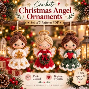 Op de afbeelding: Drie gehaakte kerstengelornamenten hangend aan een tak. De tekst luidt: Crochet Christmas Angel Ornaments, Set of 3 Pattern PDF, Photo Guided, Beginner Friendly, A little angel, a lot of joy!, CROCHET, DECORATE, GIFT, SPREAD JOY.