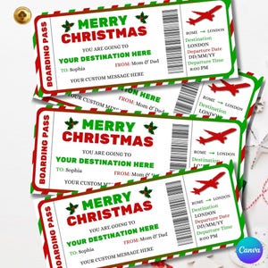 以下が含まれることがあります： 赤と緑のクリスマスをテーマにした搭乗券。各チケットには「Merry Christmas」の文字、目的地の詳細、カスタムメッセージ用のスペースがあります。航空券のようなデザインです。