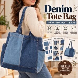 May include: A denim tote bag sewing pattern featuring a two-tone blue patchwork design. The digital document includes a step-by-step guide, pattern pieces, and finished dimensions of 15.5 inches by 12 inches by 6 inches.
