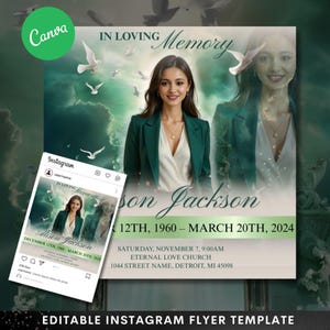 May include: A memorial flyer with the text "In Loving Memory" and "Alison Jackson". The flyer includes a photo of a woman in a green blazer, dates, and event details. An Instagram post is also shown.