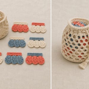 May include: A cream-coloured crocheted drawstring pouch with an openwork pattern, accompanied by six small, rectangular crocheted attachments featuring scalloped edges in shades of coral, dusty blue, and cream, with tassels on the pouch strings.