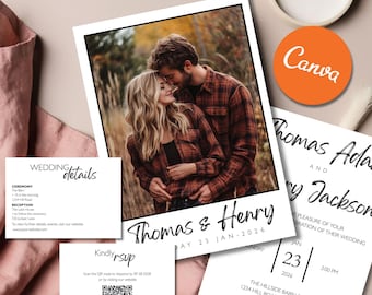 Elegant Minimalist Wedding Invitation Suite, Fully Editable DIY Canva Template, Printable Photo Stationery Invite Set Bundle
