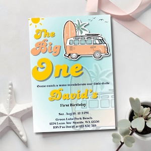 Surfing 1st Birthday Invitation: Retro Surf Van Beach Party (Digital Download, 5x7 Template