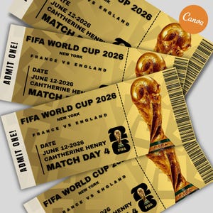 May include: Four FIFA World Cup 2026 tickets. Each ticket is gold with black text and a barcode. The tickets read "FIFA WORLD CUP 2026 NEW YORK FRANCE VS ENGLAND" and "ADMIT ONE!" The date is June 12-2026.