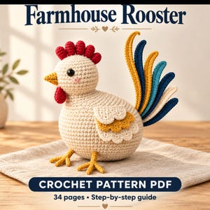 Peut inclure: Un coq en crochet avec un corps couleur crème, une crête et des barbillons rouges, un bec et des pattes jaunes, et une queue multicolore jaune, bleue et crème. Le texte indique Farmhouse Rooster et CROCHET PATTERN PDF 34 pages Step-by-step guide.