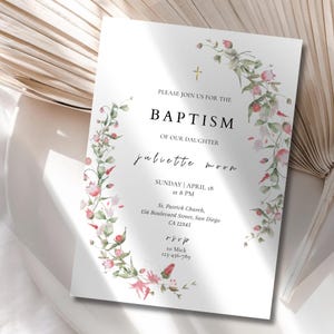 Minimalist Girls Baptism Invitation Template, Wildflower Christening Invitations, Wildflower Baptism Invite Floral Editable Instant Download
