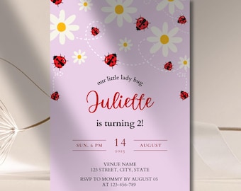 Modelo de convite para festa de aniversário de joaninha editável, convite fofo para aniversário de menina para impressão, convite editável para criança pequena Lady Bug para download instantâneo