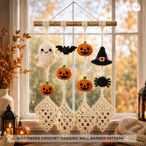 May include: A Halloween crochet wall hanging featuring four vertical macrame-style cords suspended from a wooden dowel. The cords display crocheted figures including a white ghost, a black bat, four orange pumpkins, a black witch hat, and a black spider.