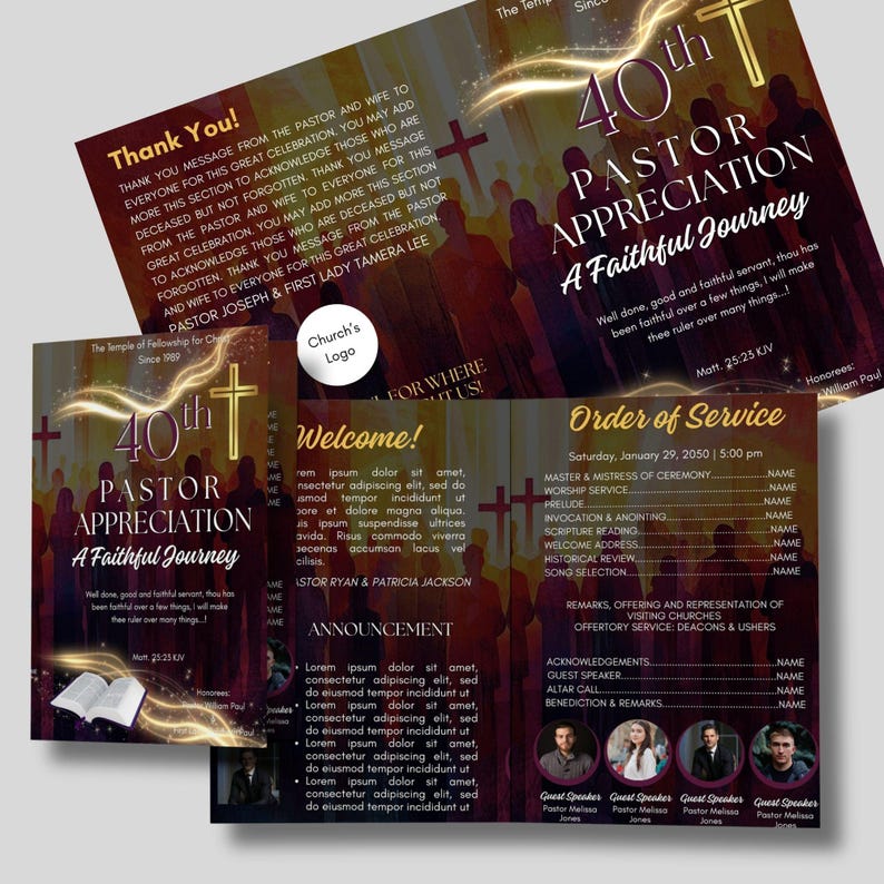 Editable CANVA Church Program Template | Maroon & Gold Bifold Brochure ...