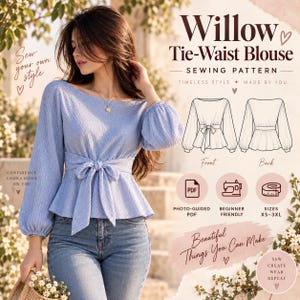 Puede incluir: Una blusa azul claro de manga larga con cintura anudada y tela texturizada. La imagen incluye el texto Willow Tie-Waist Blouse Sewing Pattern, dibujos técnicos de línea del frente y la espalda de la prenda, e iconos de PDF, máquina de coser y cinta métrica.