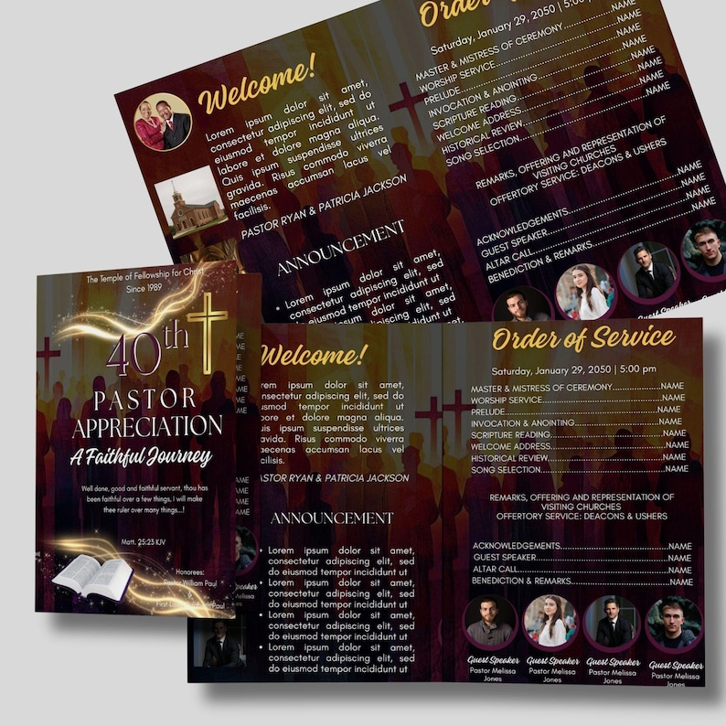 Editable CANVA Church Program Template | Maroon & Gold Bifold Brochure ...