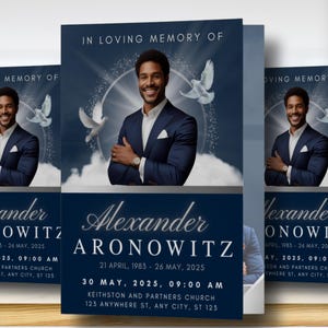 8 Page Navy Blue Funeral Template, 8.5x11 Elegant Blue Obituary Program, Bi-Fold Funeral Program, Memorial Celebration of Life In The Loving