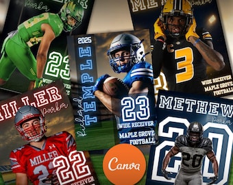 May include: A collection of five football poster templates. Each poster features a football player in uniform with their number and name. The posters have a variety of color schemes and include the text "FOOTBALL POSTER CANVA TEMPLATE".