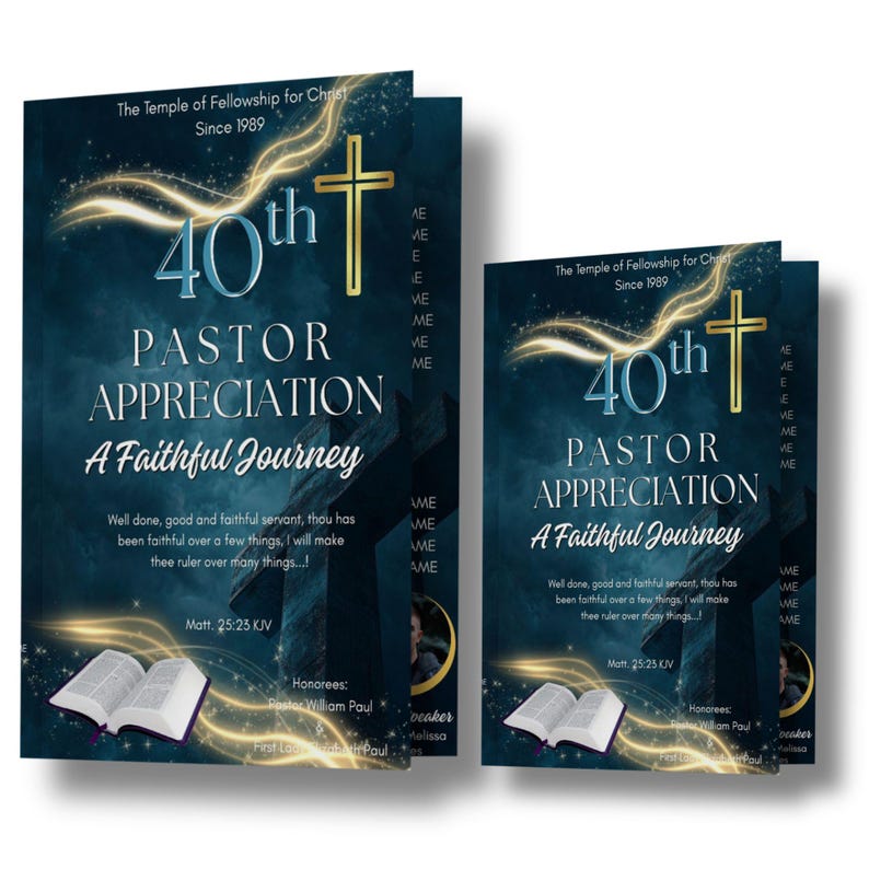 Editable CANVA Church Program Template | Blue & Gold Bifold Brochure ...