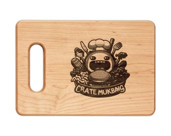 Engraved Wooden Cutting Board 'Crate Mukbang' Cartoon Chef Design