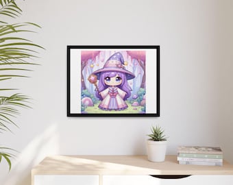 Cute Purple Witch Anime Art Print Framed Matte Canvas, Anime