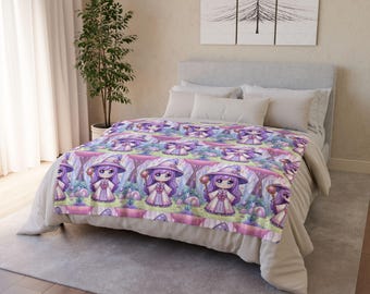 Cute Purple Anime Witch Blanket Soft Cozy Wizardry Throw for Kids & Fans