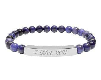 Engraved Natural Stone Stretch Bar Bracelet  "Personalize"