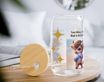 Sarcastic Chibi Bull Glass Tumbler, Bamboo Lid