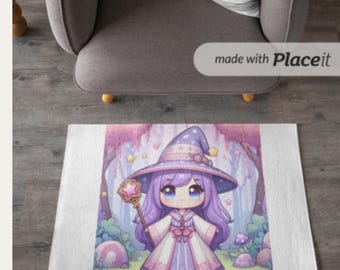 Magical Anime Purple Witch Girl Rug Cute Kawaii Wizard Forest Floor Mat, Nursery, Toddler