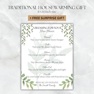 Puede incluir: Una impresión de regalo de inauguración de la casa con el texto "A Blessing For Your New House" y una lista de bendiciones. La impresión mide 28 x 36 cm e incluye el texto "Traditional Housewarming Gift" y "+ FREE SURPRISE GIFT".