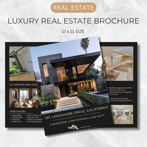 Op de afbeelding: Luxe vastgoedbrochure met een moderne woning als middelpunt. De brochure is zwart-wit, met de tekst "LUXURY REAL ESTATE BROCHURE" en "17 x 11 SIZE". De brochure bevat ook het adres "123, LAKESHORE DRIVE, CALIFORNIA". De afmeting is ongeveer 43 x 28 cm.