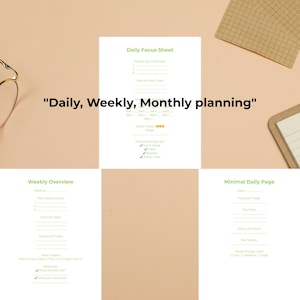 Puede incluir: Hojas de papel blancas con texto verde, diseñadas para la planificación diaria, semanal y mensual. El texto "Daily, Weekly, Monthly planning" está superpuesto. Las hojas incluyen secciones para tareas, resúmenes y seguimiento del estado de ánimo.