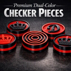 May include: Five circular checker pieces featuring a dual-color red and black design. Three pieces display a raised crown emblem, one features a letter D, and one has concentric circles. The text Premium Dual-Color CHECKER PIECES is visible.