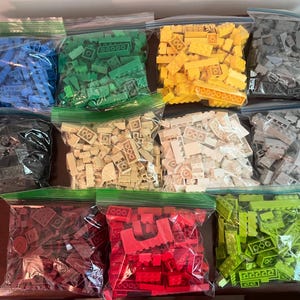 Könnte beinhalten: Sortiment an farbenfrohen Kunststoff-Bausteinen in transparenten Zip-Top-Beuteln. Die Farben sind Blau, Grün, Gelb, Grau, Schwarz, Beige, Weiß, Rot und Limettengrün. Die Bausteine haben verschiedene Formen und Größen, geeignet zum Bauen und Spielen.