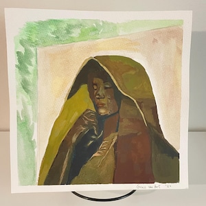 May include: Watercolor painting of a figure draped in a green and brown hooded cloak. The figure's face is partially visible, with tears and a somber expression. The artwork is framed with a green border and signed "Grace Van Hart '24".