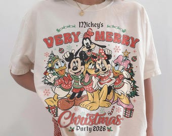 Camiseta retro Mickey Very Merry Christmas Party 2026, camiseta navideña a juego de Mickey y sus amigos, camiseta navideña vintage Disney Family Christmas