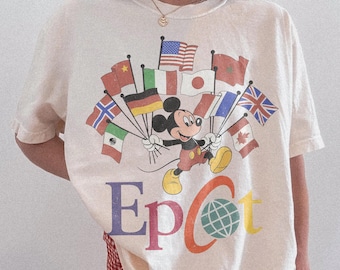 Retro Comfort Colors Mickey EPCOT Shirt, Mickey Flags of Nations Vintage 90s Style Unisex Tee, Disney EPCOT World Tour, Family Trip Shirt