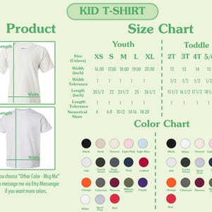 May include: A product image with a size and color chart for kid's t-shirts. The size chart includes measurements in inches for youth and toddler sizes. The color chart displays various color options, including black, white, and shades of pink and blue.