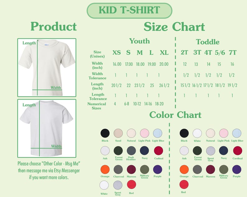 May include: A product image with a size and color chart for kid's t-shirts. The size chart includes measurements in inches for youth and toddler sizes. The color chart displays various color options, including black, white, and shades of pink and blue.