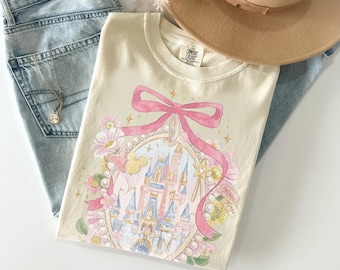 Retro Watercolor Coquette Bow Disney Castle Shirt, Disney Family Trip Shirt, Disney Matching Tee, Girl Trip Shirt, Walt Disney World Shirt