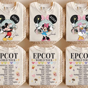 May include: Six cream-colored t-shirts with Disney character graphics, including Mickey Mouse, Minnie Mouse, and Daisy Duck, with the year 2026. The bottom shirts feature "EPCOT WORLD TOUR" text with city and country listings.
