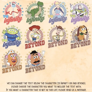 May include: A collection of ten Toy Story character illustrations arranged in a grid, each framed by a checkered circle and stars. Characters include Forky, Rex, Bo Peep, Buzz Lightyear, Alien, Jessie, Woody, Slinky Dog, Mrs. Potato Head, and Mr. Potato Head.