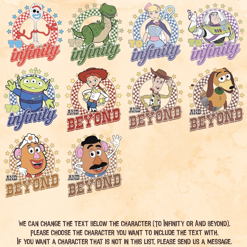 May include: A collection of ten Toy Story character illustrations arranged in a grid, each framed by a checkered circle and stars. Characters include Forky, Rex, Bo Peep, Buzz Lightyear, Alien, Jessie, Woody, Slinky Dog, Mrs. Potato Head, and Mr. Potato Head.