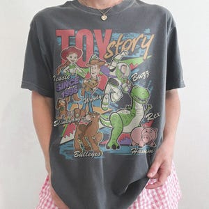 May include: A charcoal gray short-sleeve t-shirt featuring a colorful graphic print of Toy Story characters including Jessie, Woody, Buzz Lightyear, Slinky Dog, Bullseye, Rex, and Hamm, with the text "Toy Story" and "Since 1995" printed on the front.