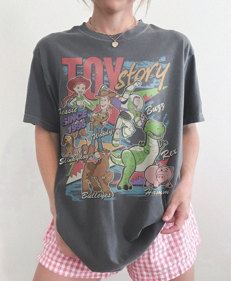 May include: A charcoal gray short-sleeve t-shirt featuring a colorful graphic print of Toy Story characters including Jessie, Woody, Buzz Lightyear, Slinky Dog, Bullseye, Rex, and Hamm, with the text "Toy Story" and "Since 1995" printed on the front.